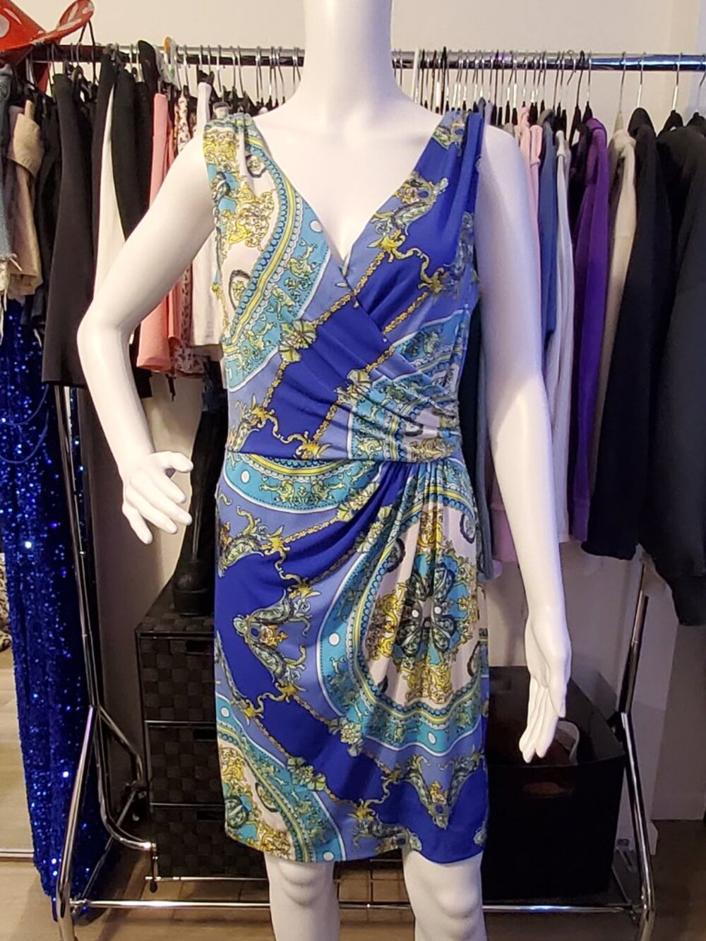 American Living Blue Paisley Ruched Sheath Dress Size 6 V Neck